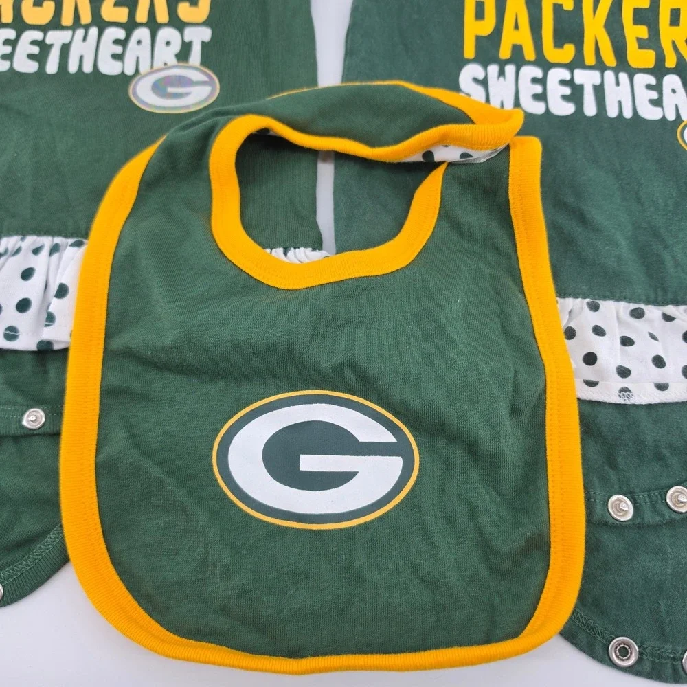 NFL Green Bay Packers Baby Girl 3 Piece Ruffle Bodysuit Bib Set 18M Sweetheart